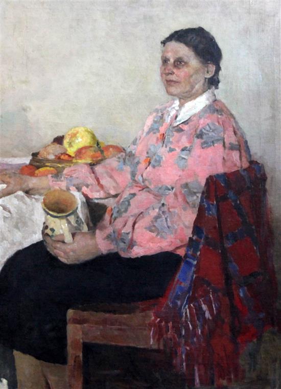 20th century Russian School Woman seated at a table 34.5 x 25.5in., unframed